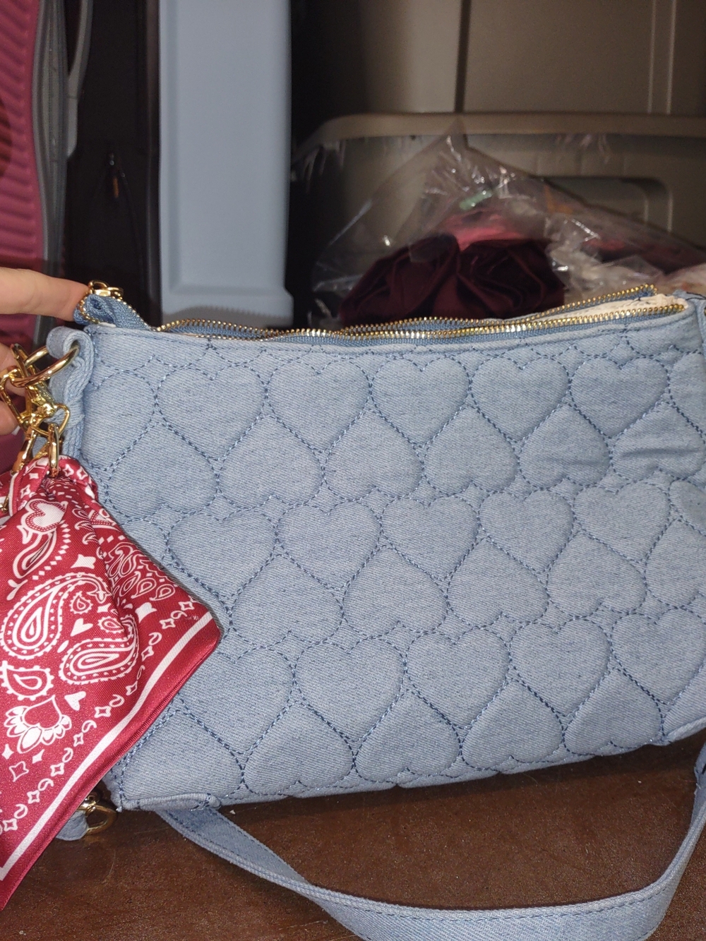 Betsey Johnson Denim Quilted Heart Crossbody Bag